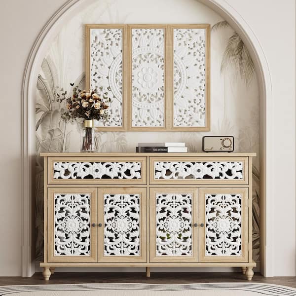 Light Oak 39 in. Accent Storage Cabinet with 4 Shelves, Carved Floral Doors, Matching Wall Decor Panel Set