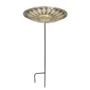 40 in. Tall Antique and Patina Brass African Daisy Birdbath with Stake