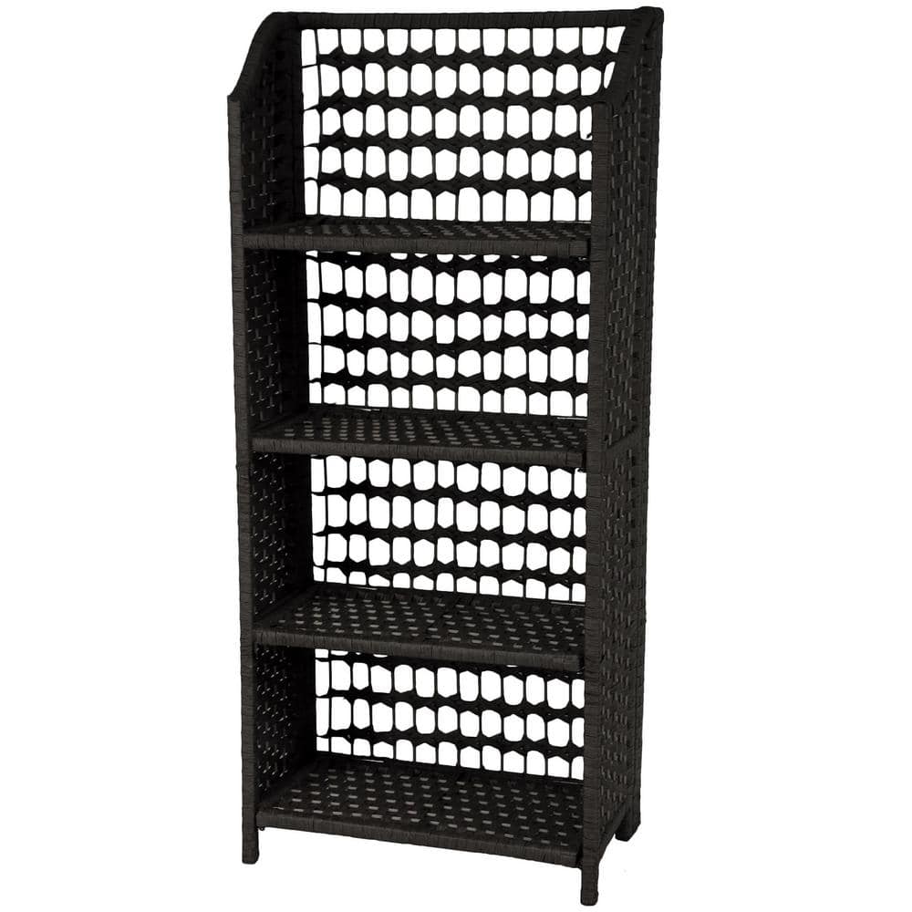 Oriental-Inspired Black Spruce Wood 4-Shelf Bookcase