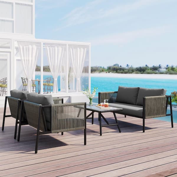 Harper & Bright Designs 4 Piece Black Metal and Rope Wave Design Patio Conversation Set with Gray Cushions and Toughened Glass Table