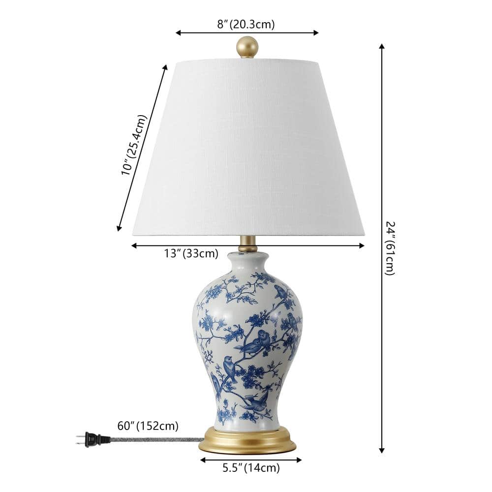 Grace 24" Blue and White Floral Ceramic Table Lamp with Brass Accents
