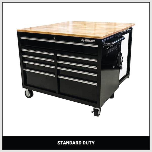 Husky Tool Storage 46 in. W x 51 in. D Standard Duty Black Mobile Workbench Cabinet with Solid Top Full Length Extension Table HOTC4609B15M The Home Depot