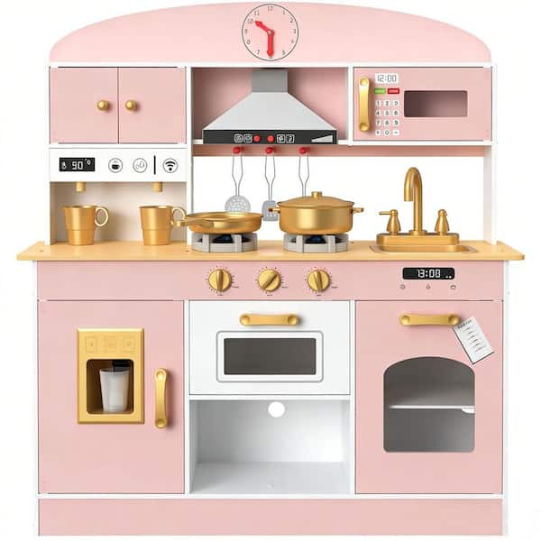 Wooden Kids Kitchen Playset Pretend Play with Lights and Sounds with 31 Accessories, Includes Stove, Oven, Coffee Maker