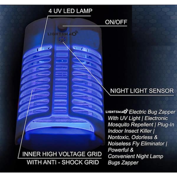 Electric Plug-in Lamp Pest Control for Gnat & Mosquitoes Electronic Fly Repeller/Repellent LIGHTSMAX Ultimate Indoor Bug Zapper Flying Insect Killer using Unique UV Light Trap Technology & Sensor 