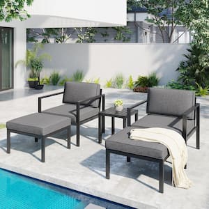 Durable 5-Piece Black Aluminum Patio Conversation Set with Gray Cushions and Coffee Table