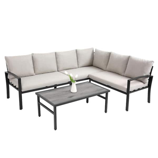 Sudzendf Black 4-Piece Metal Outdoor Patio Conversation Set with Beige Cushions and Coffee Table