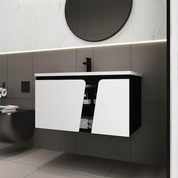 Yunus 35 in. W x 19 in. D x 20 in. H Single-Sink Floating Bath Vanity in Black and White with White Ceramic Top