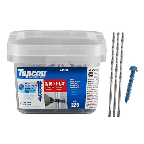 Tapcon 3/16 in. x 1-1/4 in. Hex-Washer-Head Concrete Anchors (225-Pack ...