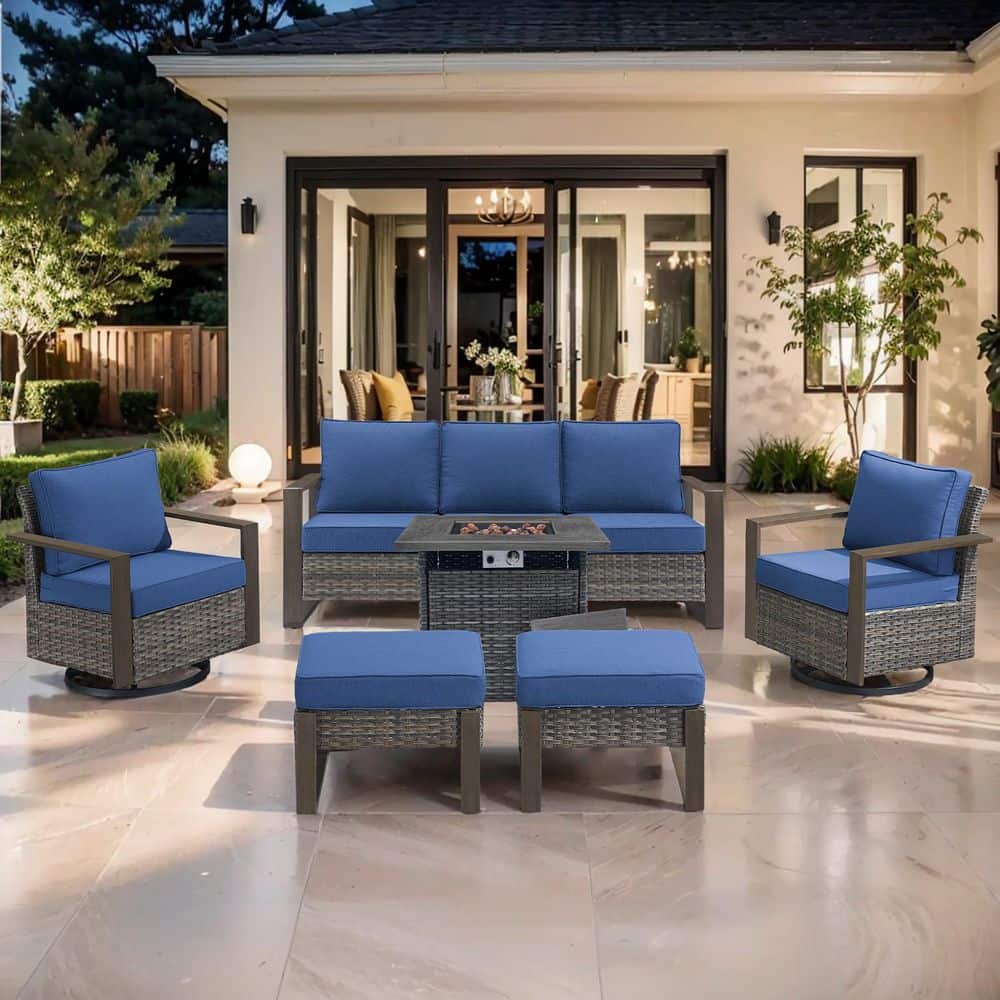 Cube Edge 6-Piece Gray Wicker Fire Pit Conversation Set with Olefin Blue Cushions and Couch/Patio Swivel Chairs price history on PriceWatchPro