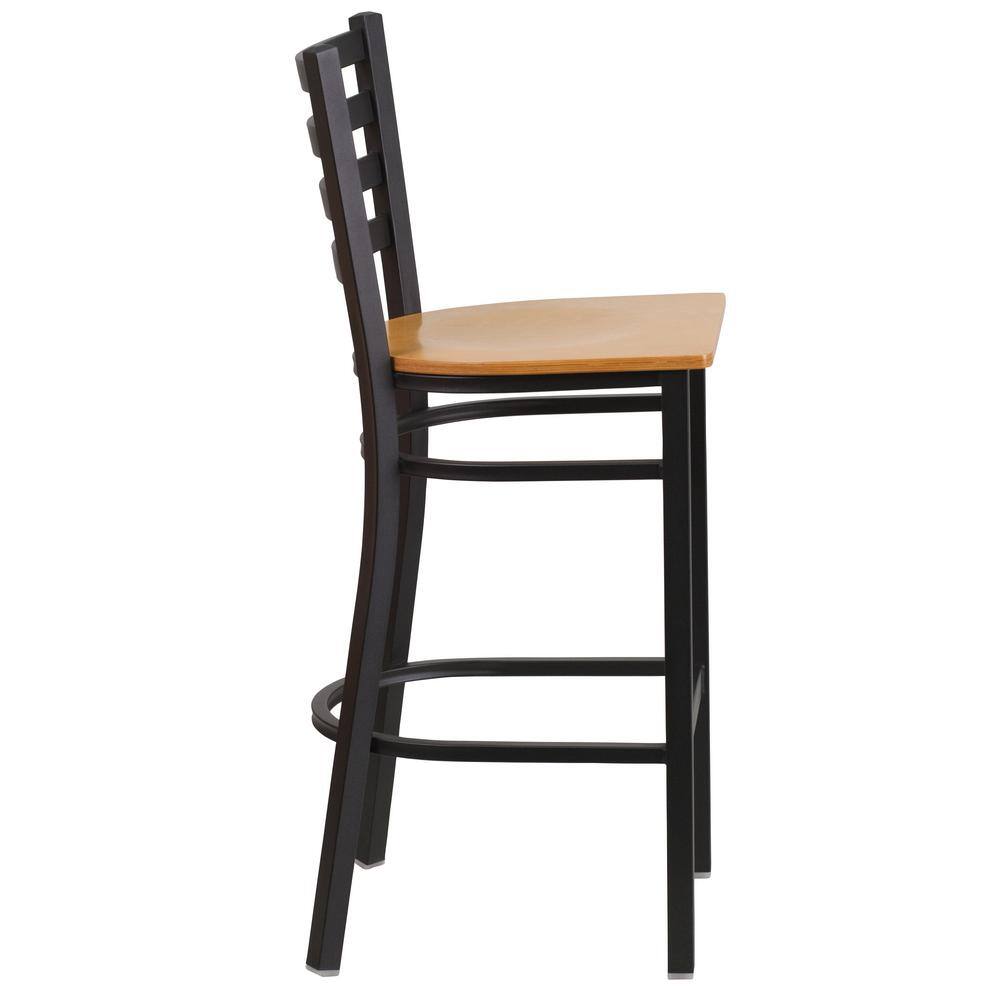 Black Metal Ladder Back Barstool with Natural Wood Seat