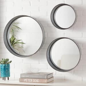 Small Round Galvanized Farmhouse Accent Mirrors with Deep-Set Frames (Set of 3)
