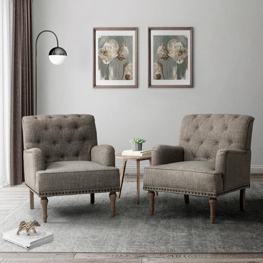 Gray Tufted Polyester Accent Chair with Nailhead Trim and Wooden Legs