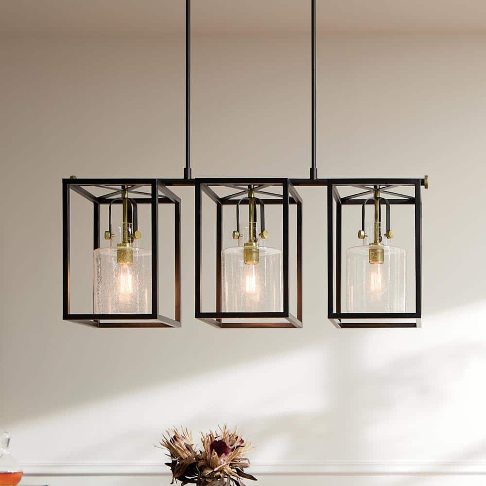 Natural Brass and Black 3-Light Linear Chandelier with Clear Seeded Glass