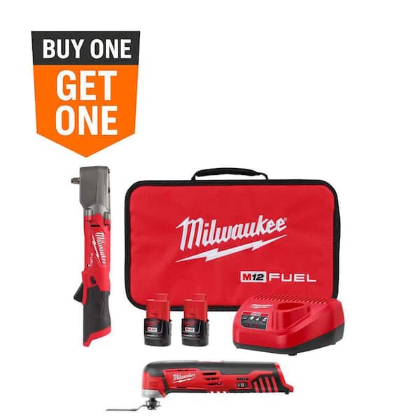 Milwaukee M12 FUEL 12V Lithium-Ion Brushless Cordless 3/8 in. Right Angle Impact Wrench Kit w Two 2.0 Ah Batteries & Multi-Tool