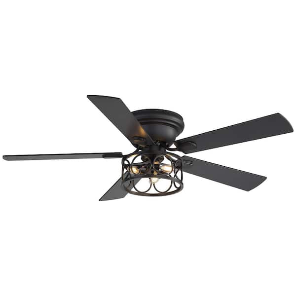 52 in. Indoor Black Farmhouse Dual Finish 6-Speed Flush Mount Modern Ceiling Fan with Light Kit and Remote Control