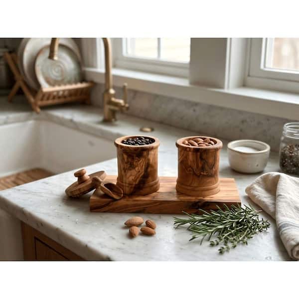 Olive Wood Canister Set with Carved Base, Kitchen Countertop Organizer for Spices Tea Coffee