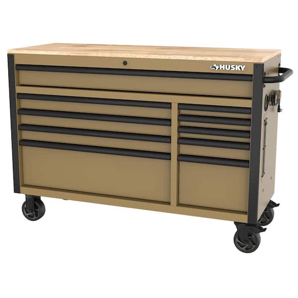 Standard-Duty 52 in. W 10-Drawer Matte Tan Mobile Workbench Cabinet with Solid Wood Top