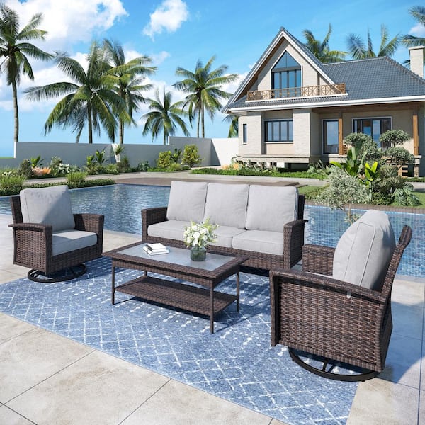 PHI VILLA Black 4-Pieces Metal Patio Conversation Sectional Seating Set with Swivel Sofa Chairs, Glass Top Table and Gray Cushions