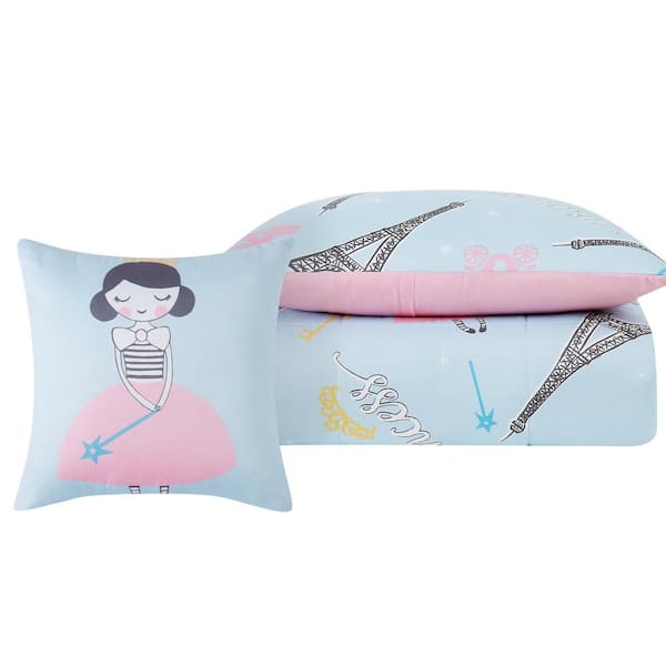 My World Paris Princess 3-Piece Blue and Pink Microfiber Twin Comforter Set
