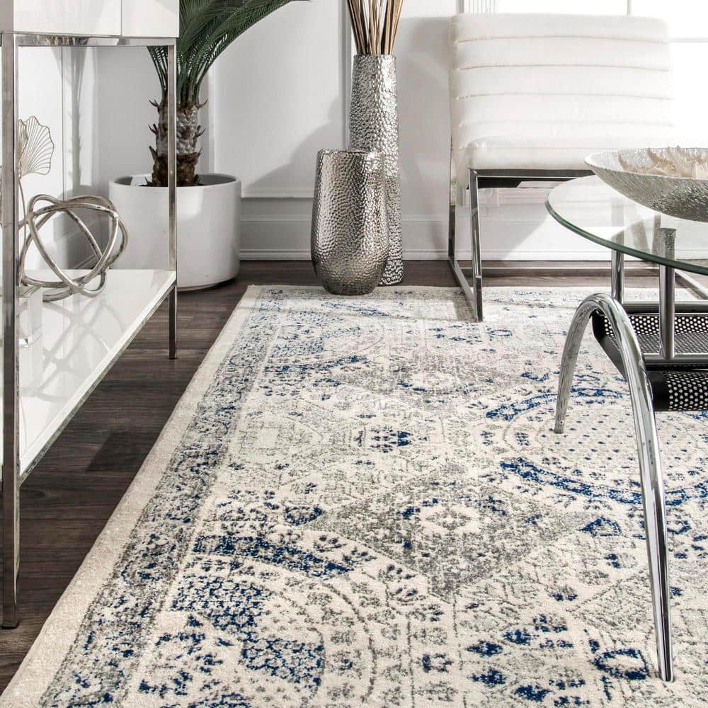 Vintage Blue and Off-White Medallion Synthetic Area Rug