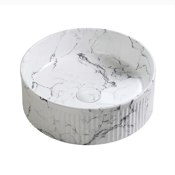 20.50 in. Round Black White Marble Vessel Bathroom Sink with Faucet and Darin for Vanity