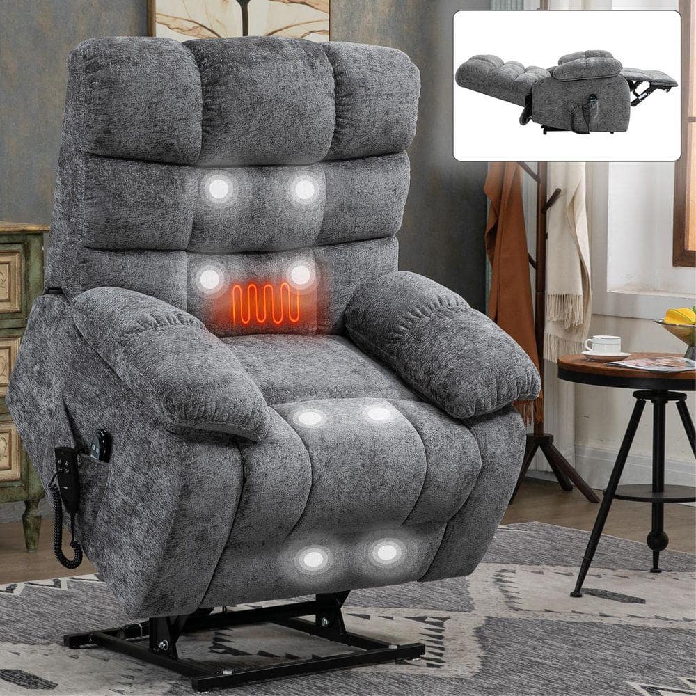 LUCKY ONE Gray Chenille Dual Motor Power Lift Recliner with Heat