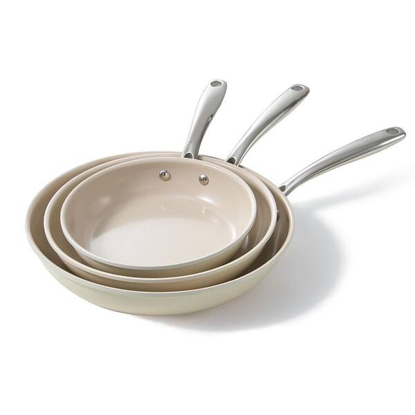 8/9.5/11 in. Nonstick Frying Pans Set, Ceramic Pan Skillet, PFAS PTFE PFOA Free, Dishwasher and Oven Safe, Beige White