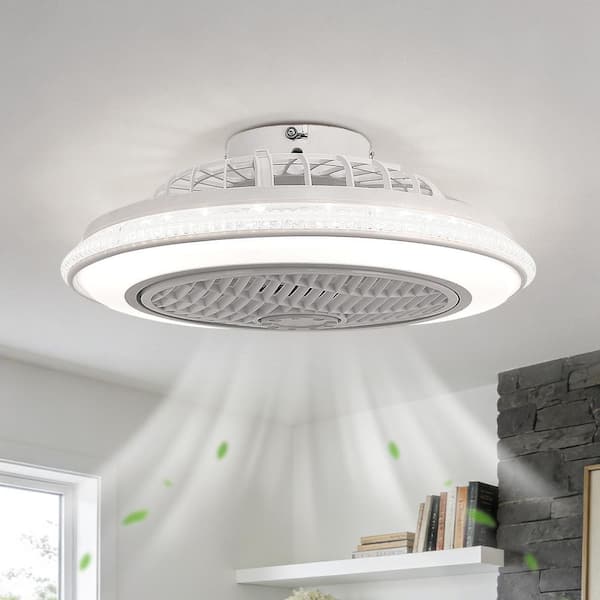 19 in. 5-Leaf Gray and White Modern Crystal Bladeless Flush Mount Ceiling Fan Light with Remote for Bedroom