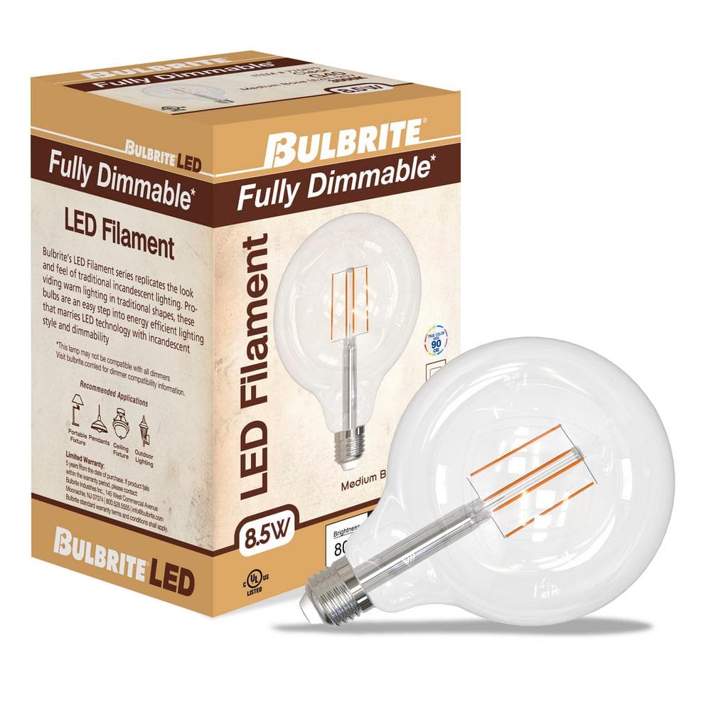 8.5W Clear Dimmable G40 LED Filament Bulbs, Pack of 2