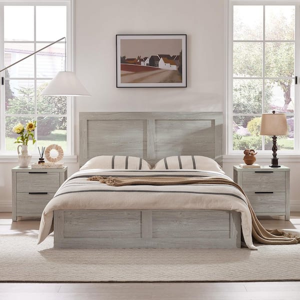 Talia Gray Wood Frame Queen Platform Bed with High Headboard Design, Solid Wood Legs, Sound-Absorbing Foam for Bedroom