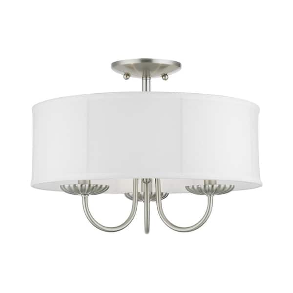 AVIANCE LIGHTING Dunnhaven 16 in. 3-Light Brushed Nickel Semi Flush Mount with Off-White Fabric Shade