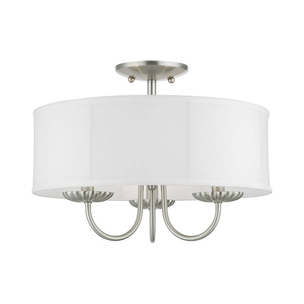 Brookdale Brushed Nickel 3-Light Semi-Flush Mount with Off-White Drum Shade