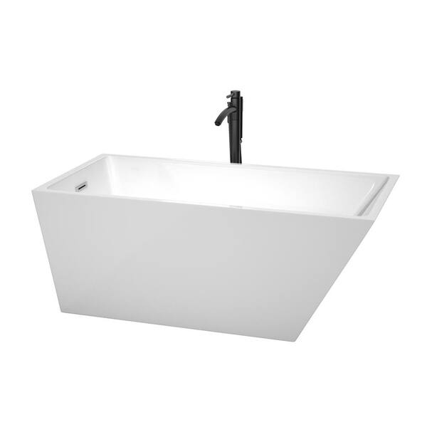 Wyndham Collection Hannah 59 in. Acrylic Flatbottom Bathtub in White with Polished Chrome Trim and Matte Black Faucet