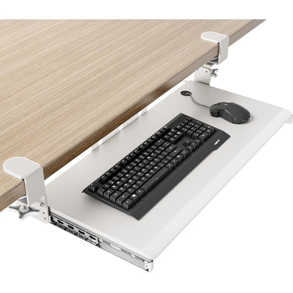 27.3 in. W x 2 in. H Under Desk Pull Out Keyboard Tray with Adjustable C Clamp, Slide-Out Platform for Typing, White
