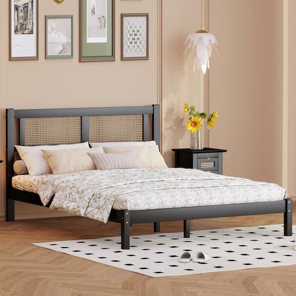 Exquisite Elegance Black Wood Frame Full Size Platform Bed with Natural Rattan Headboard