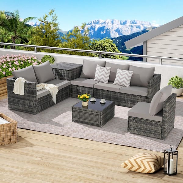 Zeus & Ruta 6-Piece Outdoor Wicker Conversation Sets with Light Gray Cushions and Glass Coffee Table for Garden