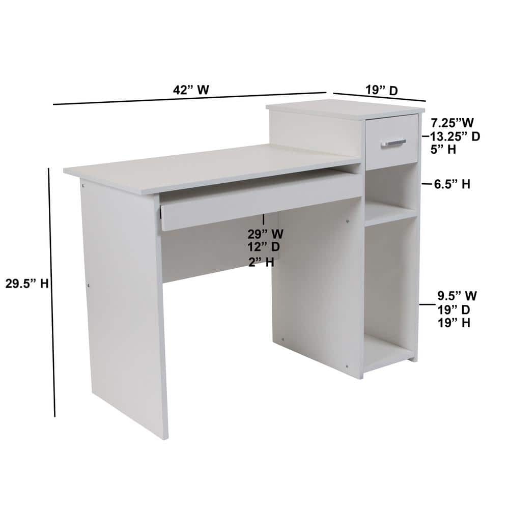 White Wood Computer Desk with Drawer and Keyboard Tray