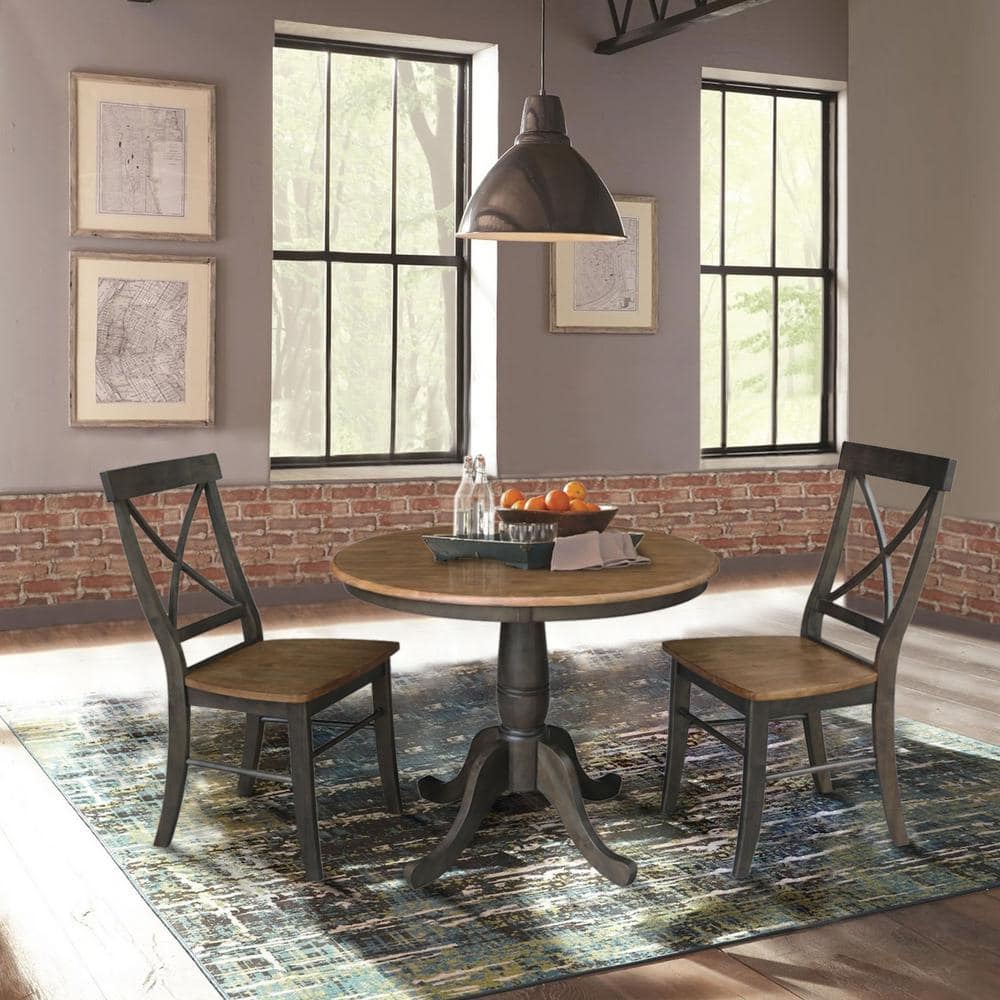 36" Round Hickory and Washed Coal Solid Wood Pedestal Dining Table