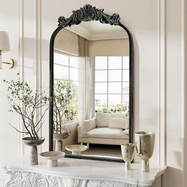 LuxHomez 24 in. W x 35.8 in. H Black Vintage Arched Metal Frame Decorative Wall Mirror/Dressing Table Mirror