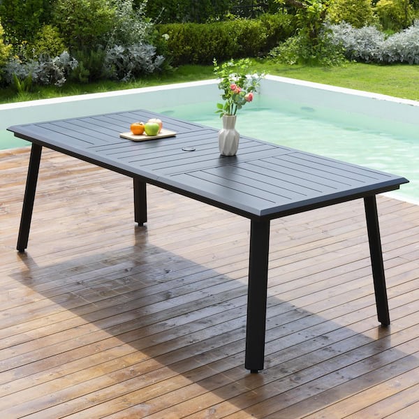 composite slatted patio dining table umbrella hole Pellebant 82.7in Outdoor Patio All-Weather Aluminum Dining Table with Umbrella Hole