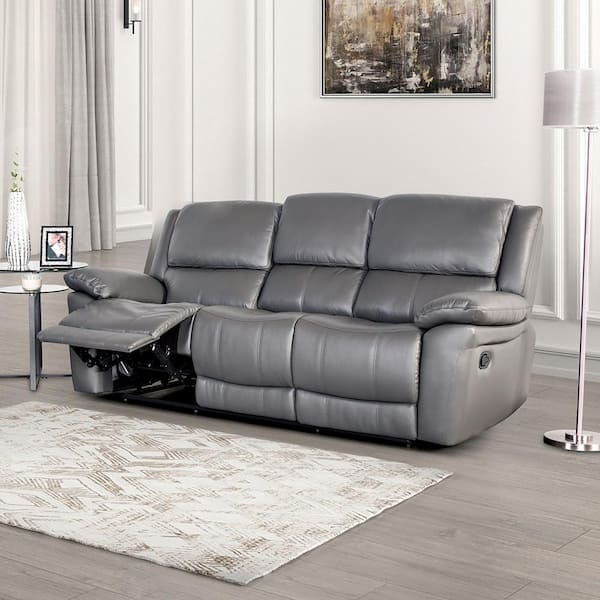 Furniture of America Loure 82 in. Pillow Top Arms Leather Match Rectangle Welt Trim Reclining Sofa in Dark Gray