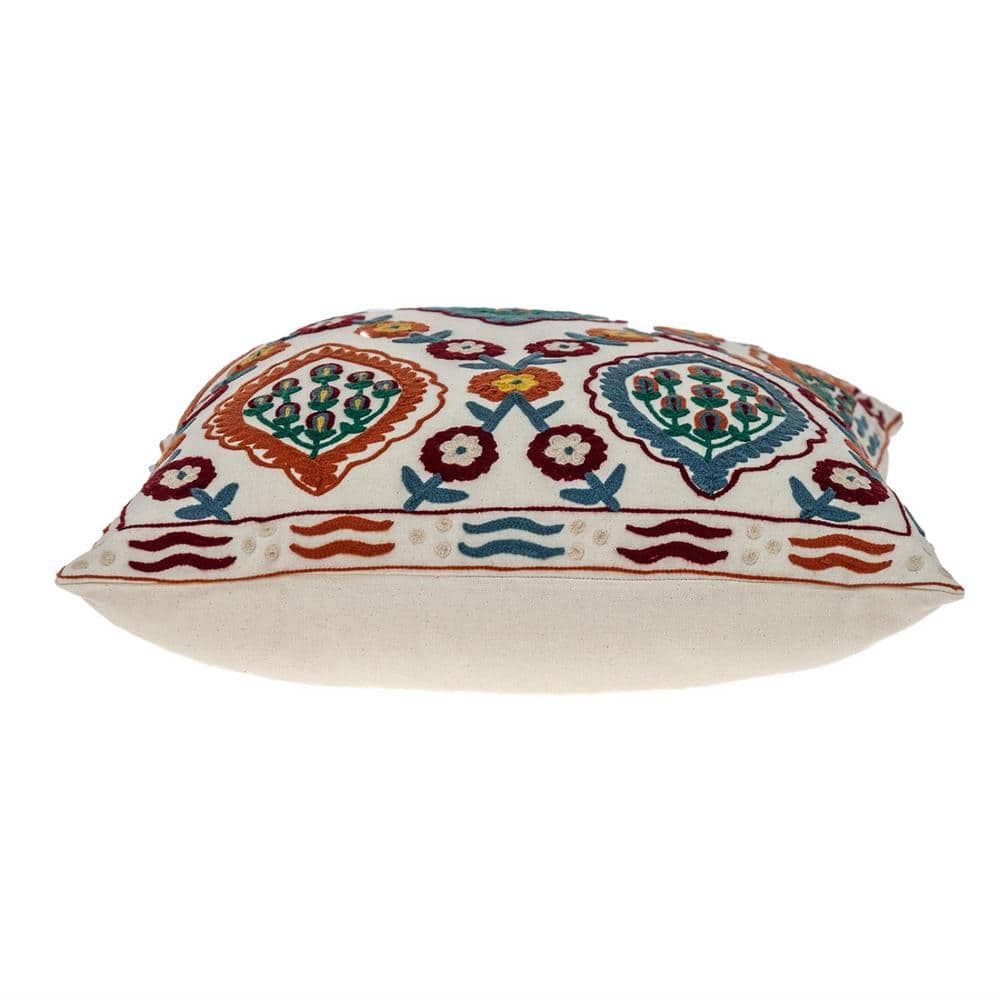 Florina Beige and Multicolor Cotton Embroidered Square Pillow