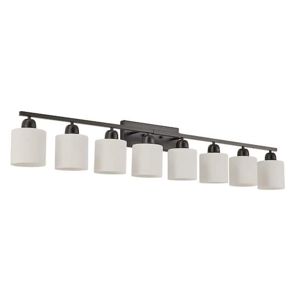 Modern 52 in. 8-Light Matte Black Vanity Light with White Frosted Glass Shade, Bathroom Wall Lamp Sconces