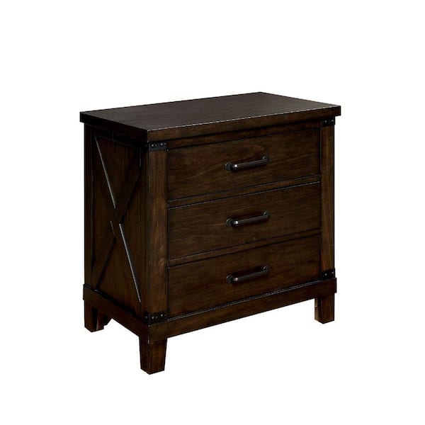 Benjara 3-Drawer Brown Wooden Nightstand with Metal Handle and Crossed Planked Side Panels 16.75 in. L x 28 in. W x 28 in. H