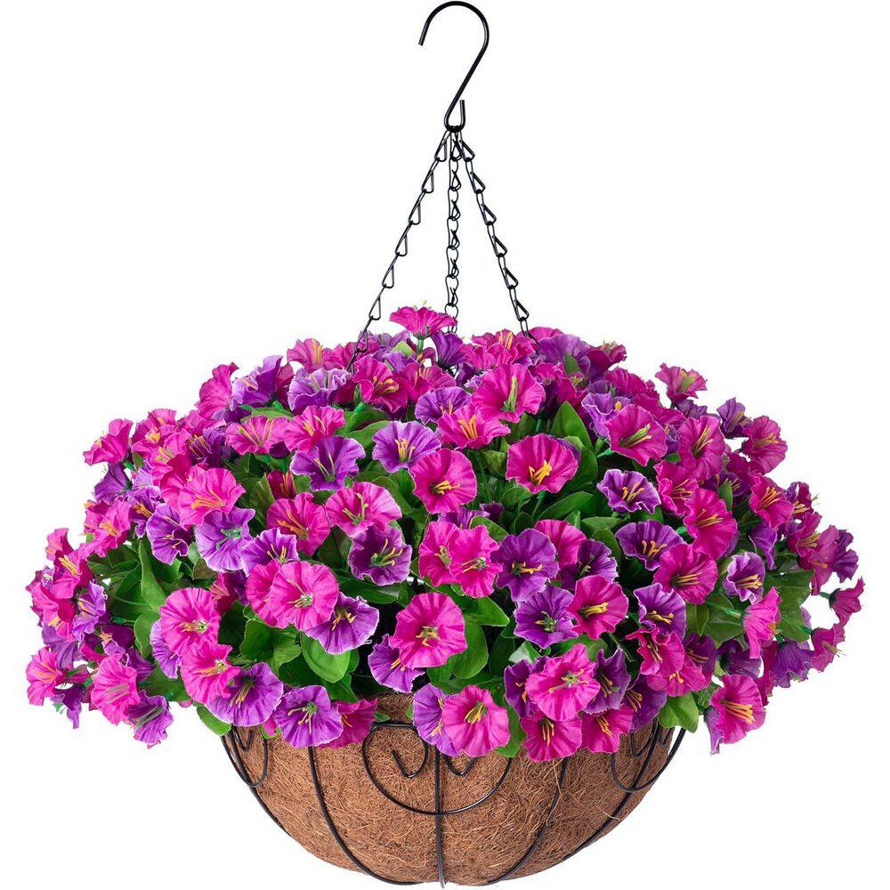 20.5 in. Pink Outdoor Artificial Hanging Flowers with Basket Patio