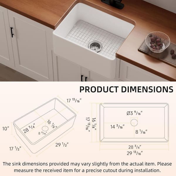 30 in. L x 18 in. W Fireclay Apron Front Single Bowl Farmhouse Sink, White Apron Sink With Bottom Grid And Strainer