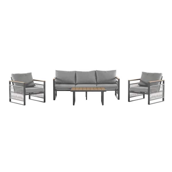 Modern 4-Piece Metal Outdoor Sectional Set with Gray Cushion