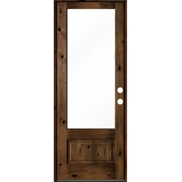 Krosswood Doors 36 in. x 96 in. Farmhouse Knotty Alder Left-Hand/Inswing 3/4 Lite Clear Glass Provincial Stain Wood Prehung Front Door