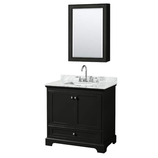Wyndham Collection Deborah 36 in. Single Vanity in Dark Espresso with Marble Vanity Top in White Carrara with White Basin and Med Cabinet