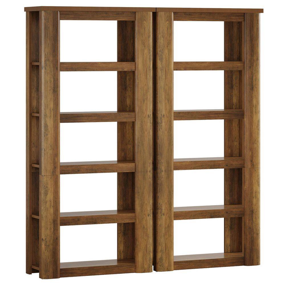 Eulas 70.87"in. Tall Brown Wood 5-Shelf Standard Bookcase, Open Shelf Storage Bookcase,Display Wood Bookshelf (Set of 2)